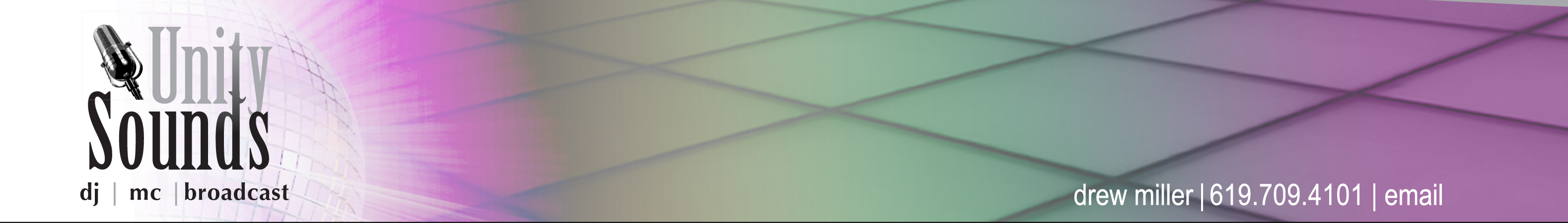 Unity Sounds site header: Logo with lighted disco ball